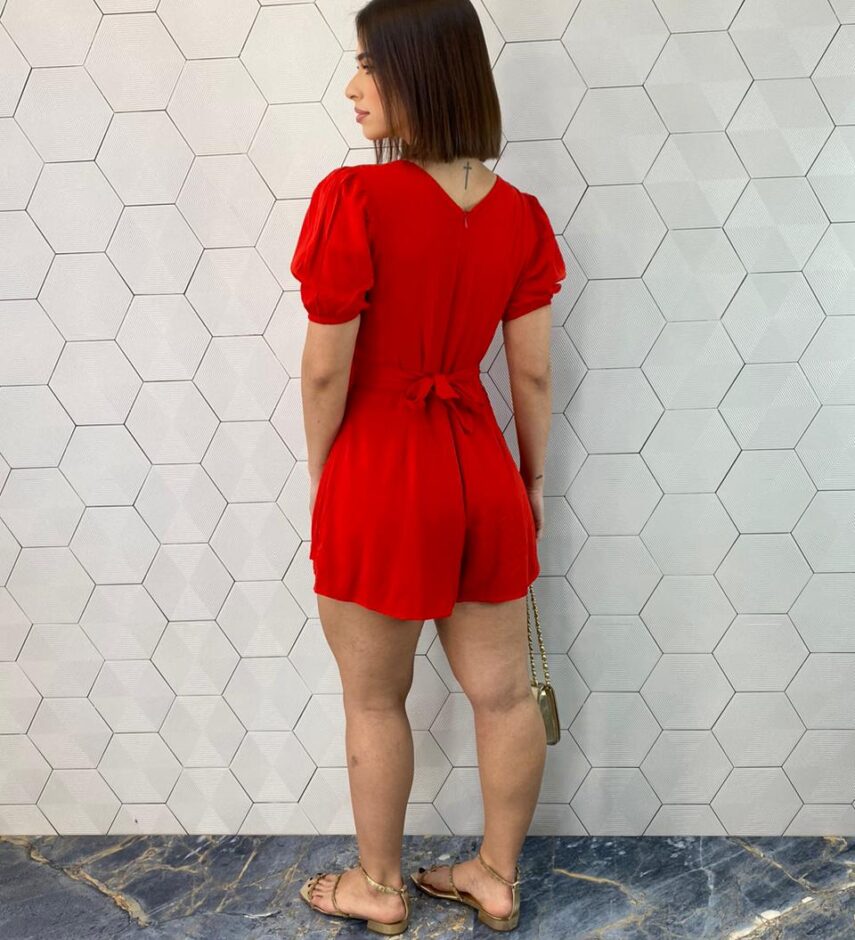 Macaquinho Feminino com Amarração Manga Curta Vermelho - Fernanda Ramos Store