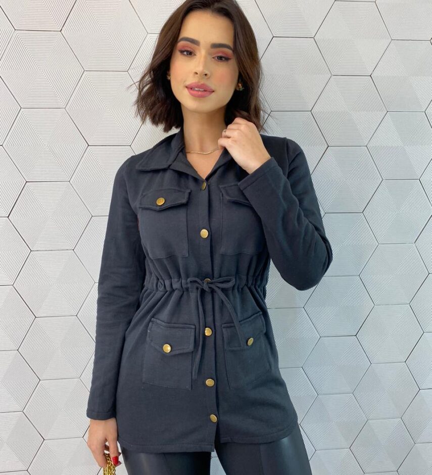 Parka Feminina Moletom com Amarração Preta Fernanda Ramos Store
