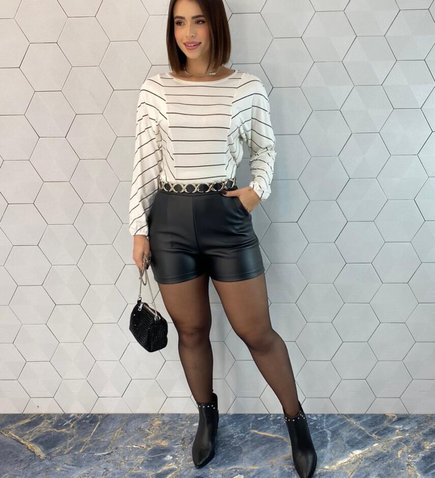 Short Feminino Couro Eco Zíper Lateral Preto - Fernanda Ramos Store