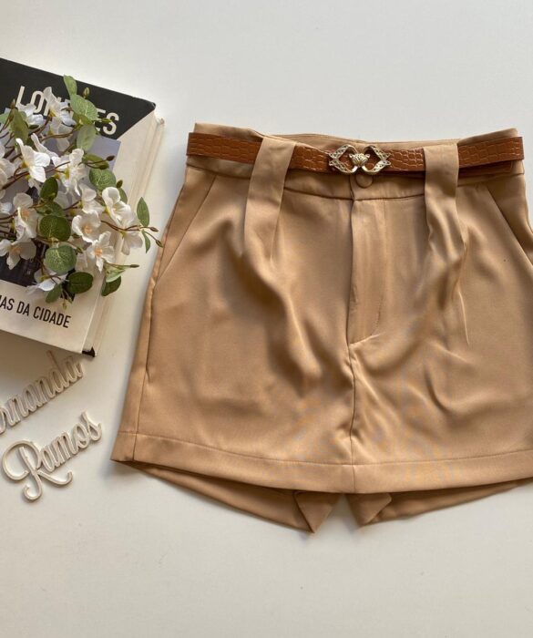 Short Saia Feminino Alfaiataria com Cinto Liz Bege - Fernanda Ramos Store