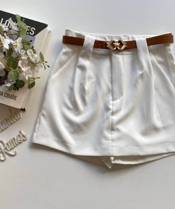 Short Saia Feminino Alfaiataria com Cinto Liz Branco - Fernanda Ramos Store