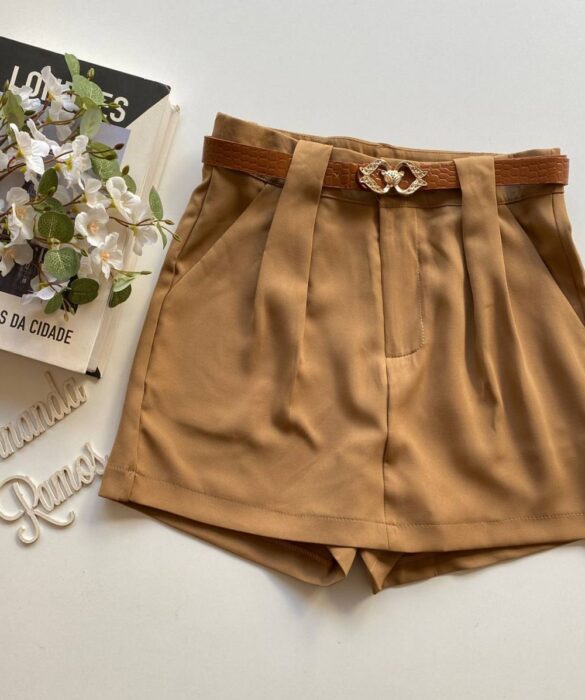 Short Saia Feminino Alfaiataria com Cinto Liz Caramelo - Fernanda Ramos Store