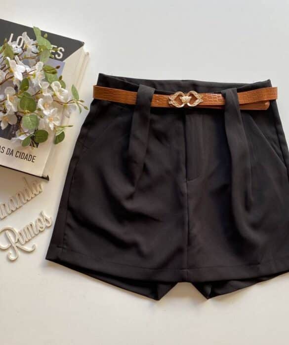 Short Saia Feminino Alfaiataria com Cinto Liz Preto - Fernanda Ramos Store