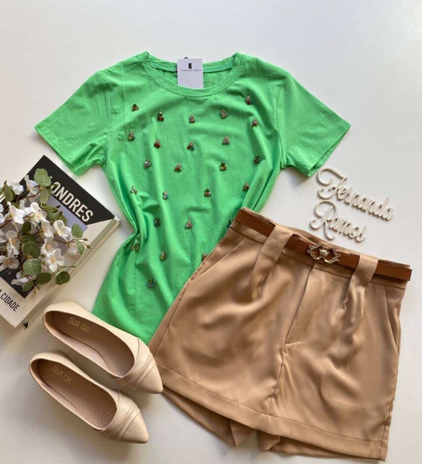 T-shirt Manga Curta com Aplicações Luna Verde - Fernanda Ramos Store