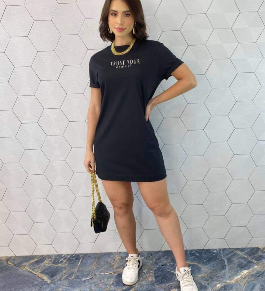 Vestido Camisetão Curto Trust Your Always Preto - Fernanda Ramos Store