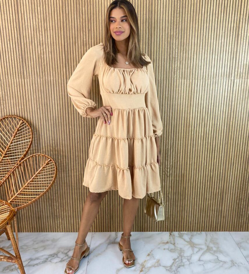 Vestido Curto Feminino com Bojo Manga Longa Jade Bege - Fernanda Ramos Store