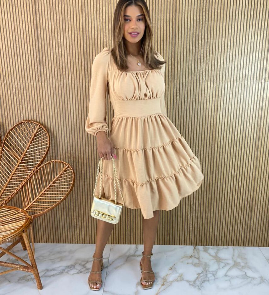 Vestido Curto Feminino com Bojo Manga Longa Jade Bege - Fernanda Ramos Store