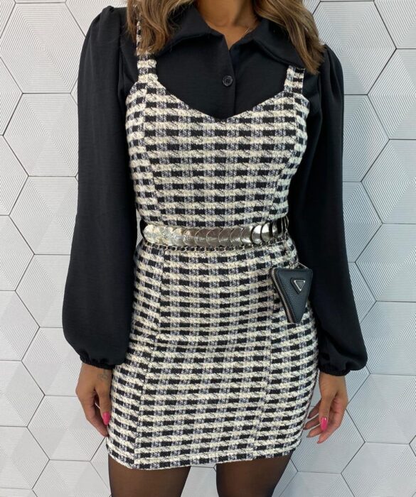 Vestido Curto Feminino sem Bojo Tweed Off White e Preto - Fernanda Ramos Store