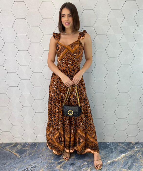 Vestido Longo com Bojo Alça com Babado Ayla Estampado - Fernanda Ramos Store