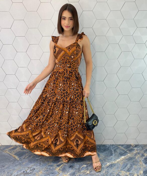 Vestido Longo com Bojo Alça com Babado Ayla Estampado - Fernanda Ramos Store