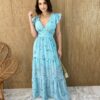 Vestido Longo com Bojo Manga Curta Eduarda Azul - Fernanda Ramos Store