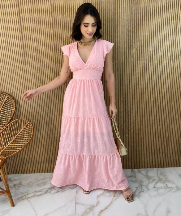 Vestido Longo com Bojo Manga Curta Eduarda Rosa - Fernanda Ramos Store