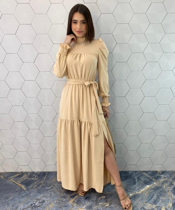 Vestido Longo Manga Longa com Amarração e Fenda Bege - Fernanda Ramos Store