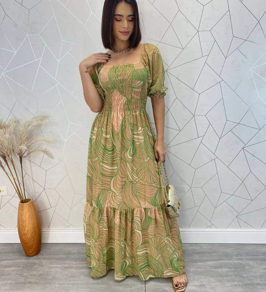 Vestido Longo sem Bojo Erica Estampado Verde com Lastex - Fernanda Ramos Store