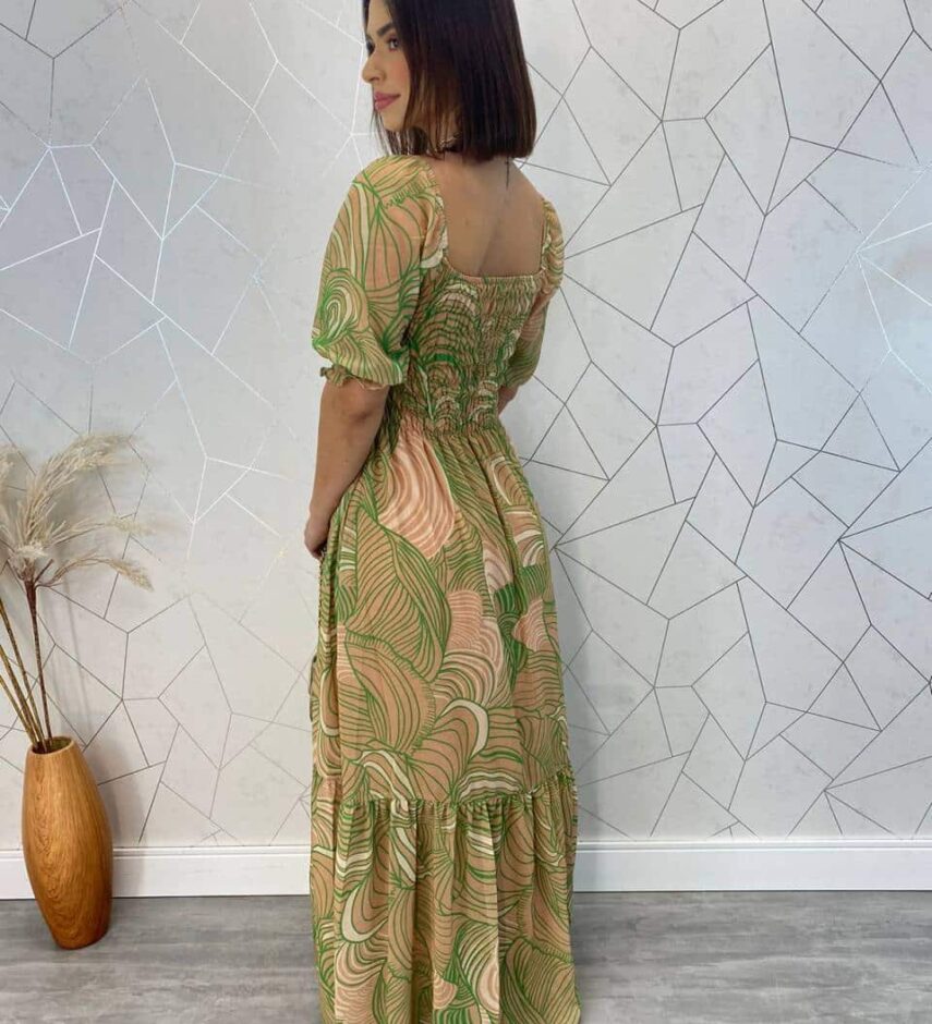 Vestido Longo sem Bojo Erica Estampado Verde com Lastex - Fernanda Ramos Store