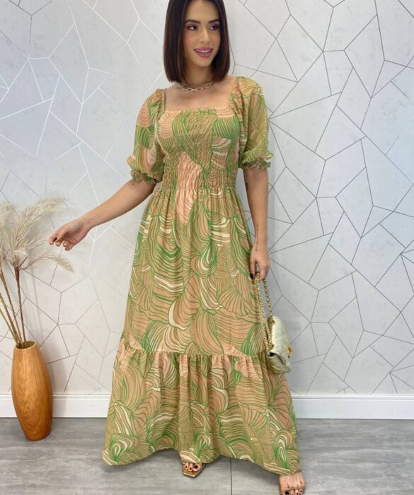 Vestido Longo sem Bojo Erica Estampado Verde com Lastex - Fernanda Ramos Store