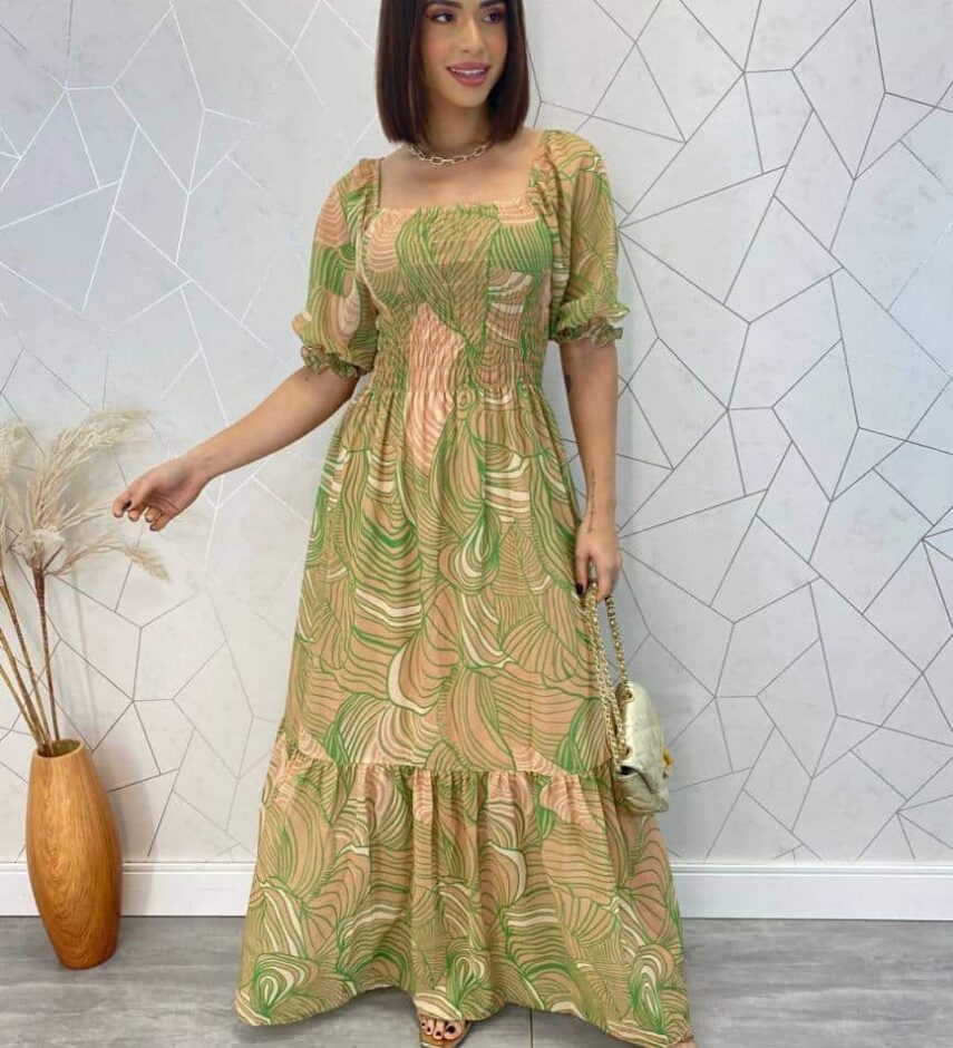 Vestido Longo sem Bojo Erica Estampado Verde com Lastex - Fernanda Ramos Store