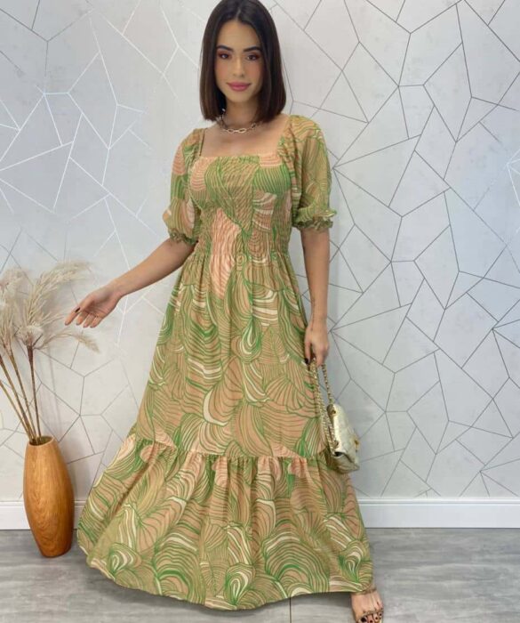 Vestido Longo sem Bojo Erica Estampado Verde com Lastex - Fernanda Ramos Store