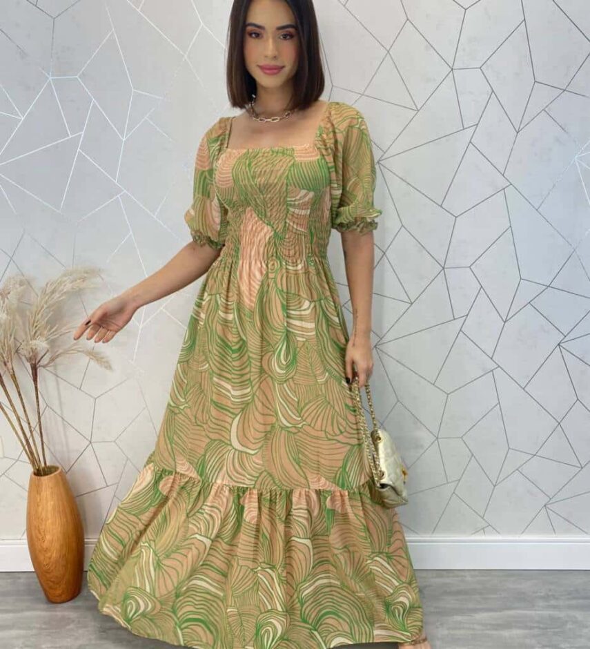 Vestido Longo sem Bojo Erica Estampado Verde com Lastex - Fernanda Ramos Store