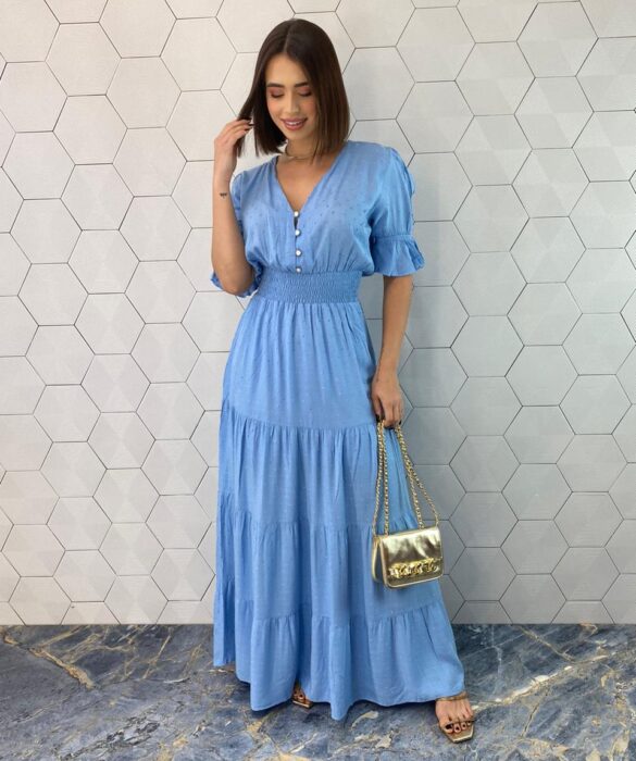 Vestido Longo sem Bojo Pipoquinha Manga Curta com Botões Azul - Fernanda Ramos Store