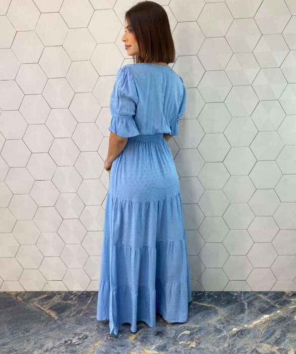 Vestido Longo sem Bojo Pipoquinha Manga Curta com Botões Azul - Fernanda Ramos Store