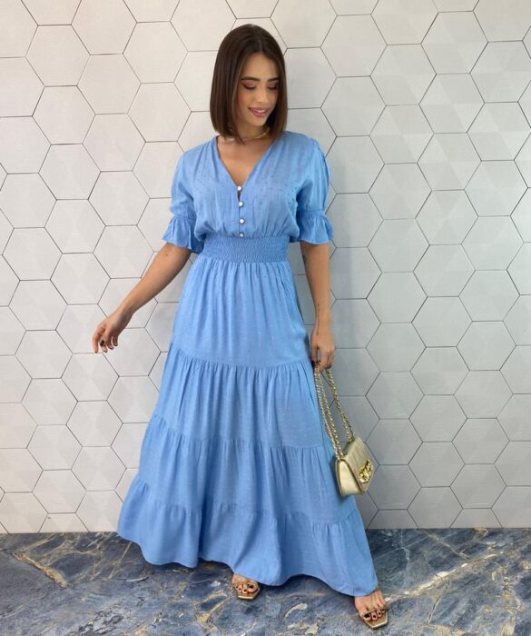 Vestido Longo sem Bojo Pipoquinha Manga Curta com Botões Azul - Fernanda Ramos Store