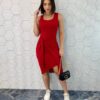 Vestido Midi Canelado sem Bojo e Amarração Vermelho - Fernanda Ramos Store