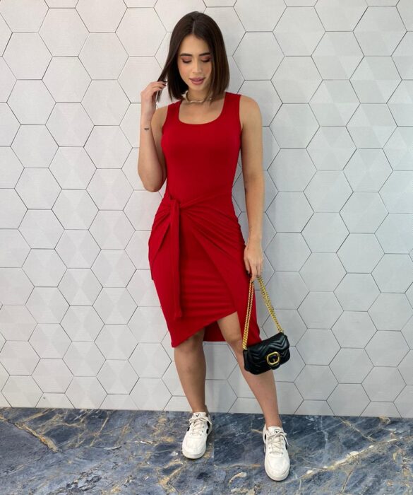 Vestido Midi Canelado sem Bojo e Amarração Vermelho - Fernanda Ramos Store