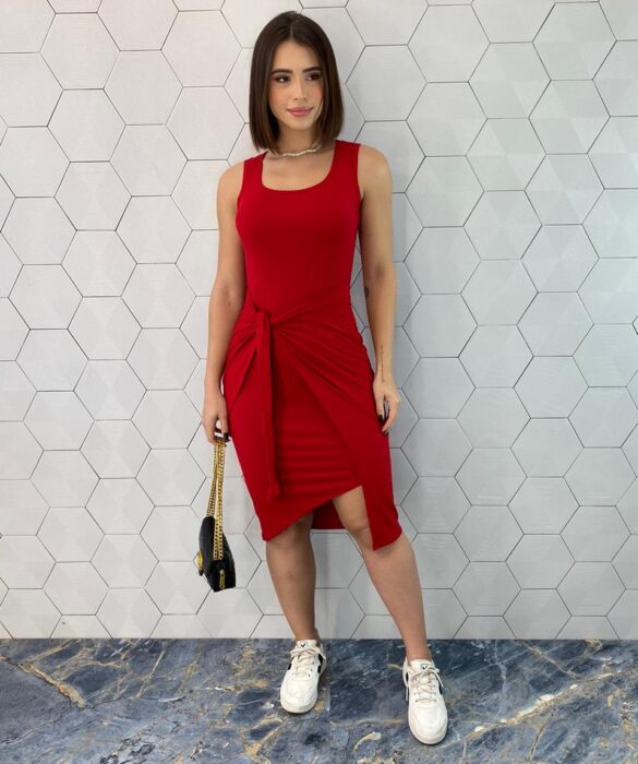 Vestido Midi Canelado sem Bojo e Amarração Vermelho - Fernanda Ramos Store