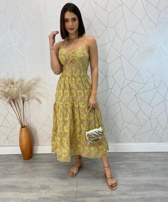 Vestido Midi com Bojo Alça Regulável Tricoline Jade Bege - Fernanda Ramos Store