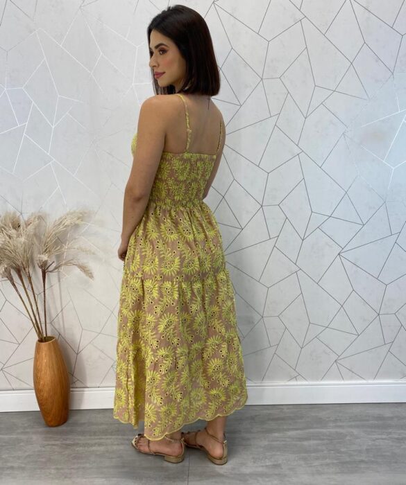 Vestido Midi com Bojo Alça Regulável Tricoline Jade Bege - Fernanda Ramos Store