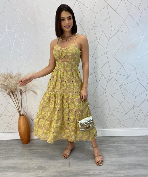 Vestido Midi com Bojo Alça Regulável Tricoline Jade Bege - Fernanda Ramos Store