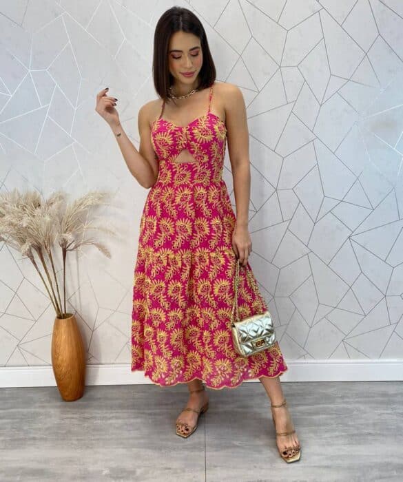 Vestido Midi com Bojo Alça Regulável Tricoline Jade Pink - Fernanda Ramos Store