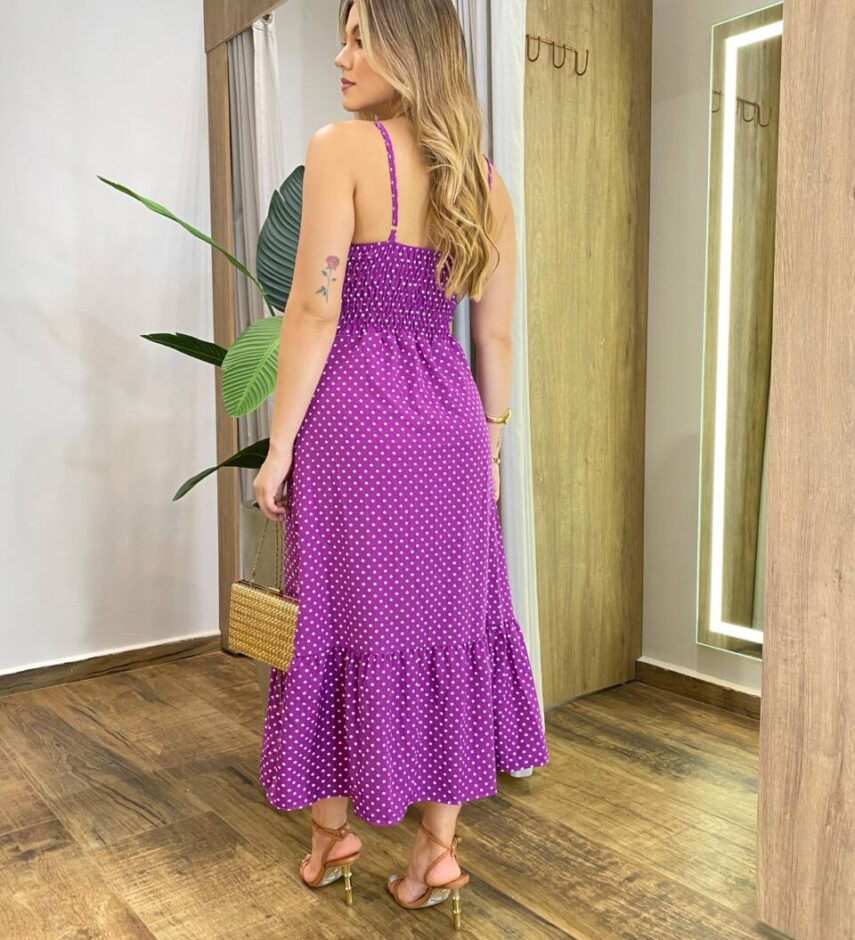 Vestido Midi com Bojo e Botões Alça Fina Poá Fúcsia - Fernanda Ramos Store