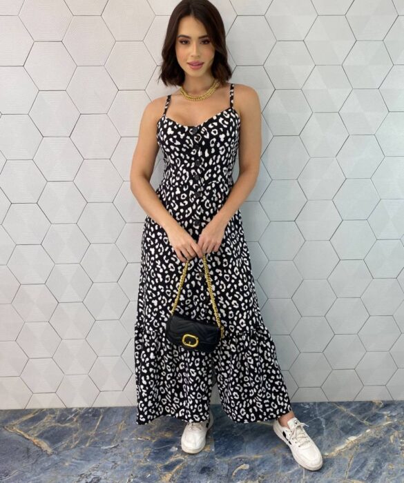 Vestido Midi com Bojo e Botões Alça Regulável Estampado Preto - Fernanda Ramos Store