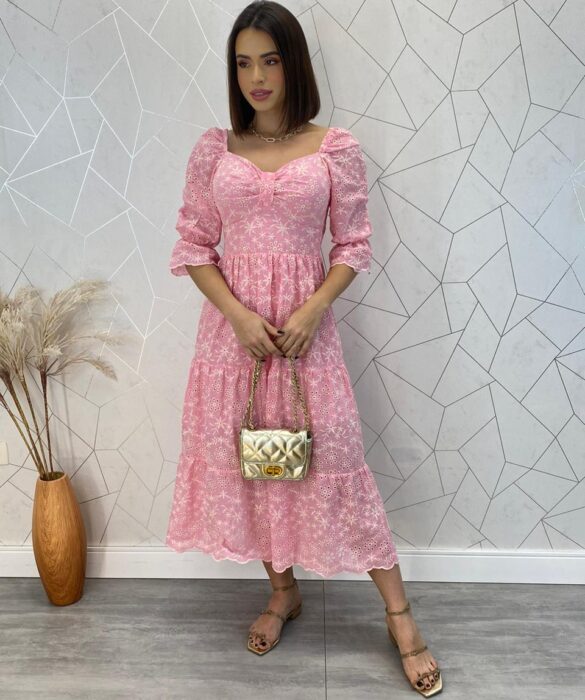 Vestido Midi com Bojo Manga Curta Tricoline Maisa Rosa - Fernanda Ramos Store