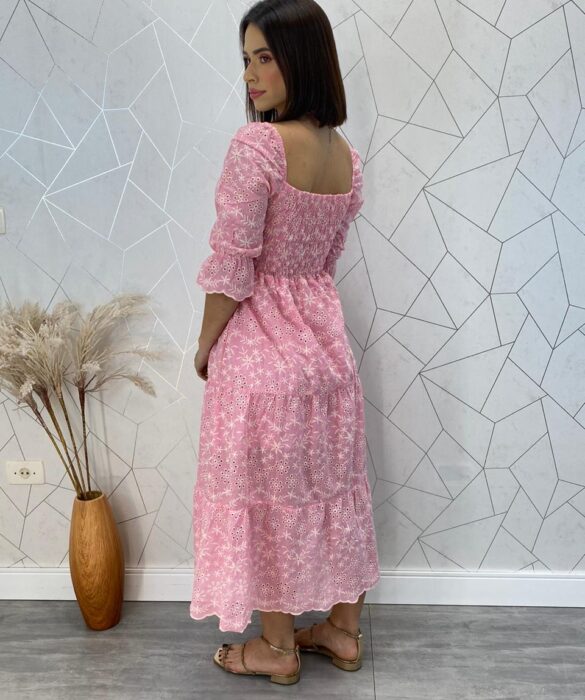 Vestido Midi com Bojo Manga Curta Tricoline Maisa Rosa - Fernanda Ramos Store