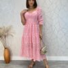 Vestido Midi com Bojo Manga Curta Tricoline Maisa Rosa - Fernanda Ramos Store