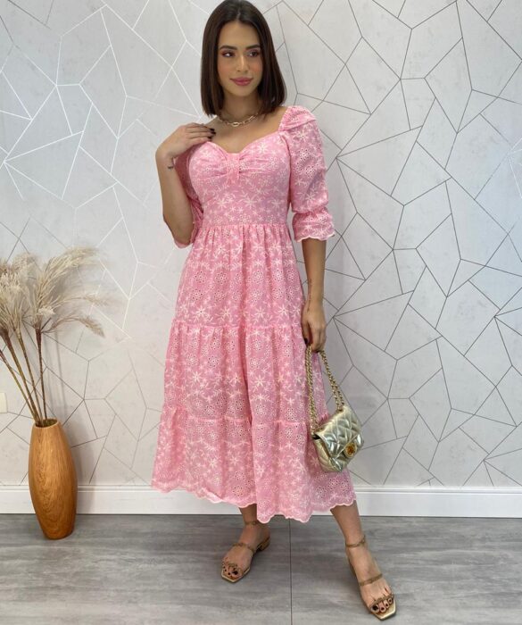 Vestido Midi com Bojo Manga Curta Tricoline Maisa Rosa - Fernanda Ramos Store