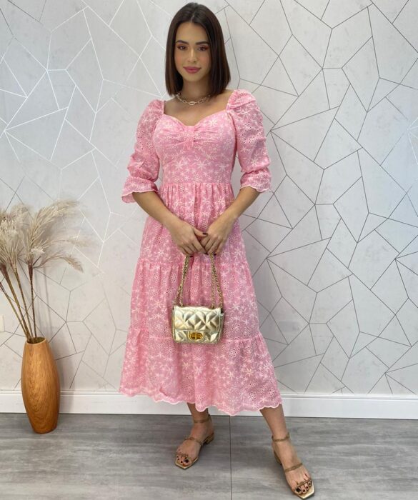 Vestido Midi com Bojo Manga Curta Tricoline Maisa Rosa - Fernanda Ramos Store