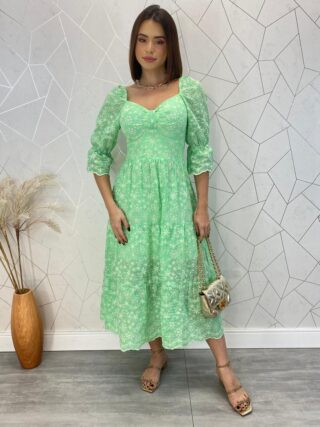 Vestido Midi com Bojo Manga Curta Tricoline Maisa Verde - Fernanda Ramos Store