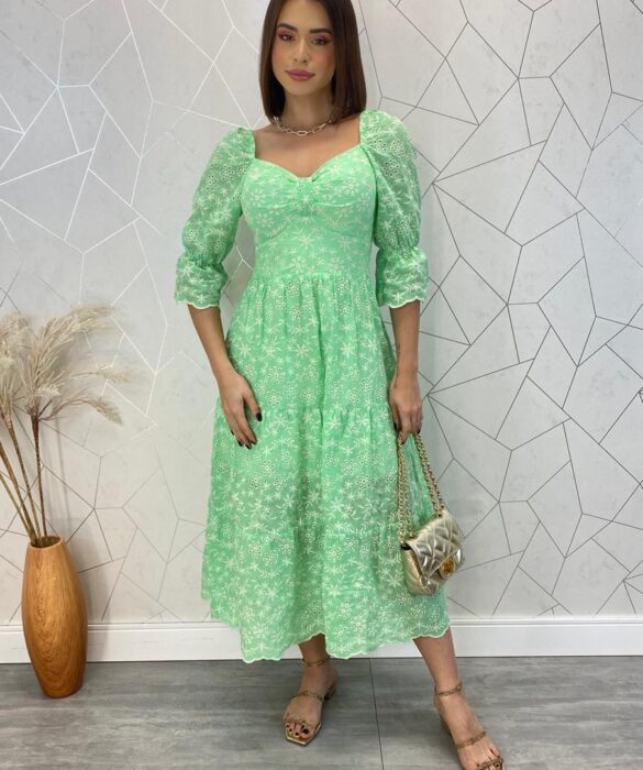 Vestido Midi com Bojo Manga Curta Tricoline Maisa Verde - Fernanda Ramos Store