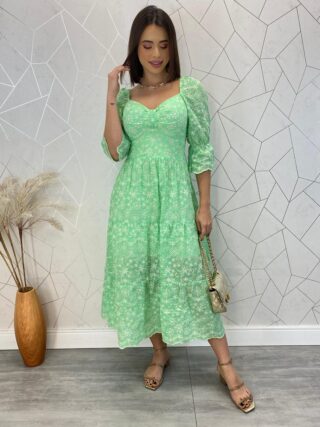 Vestido Midi com Bojo Manga Curta Tricoline Maisa Verde - Fernanda Ramos Store