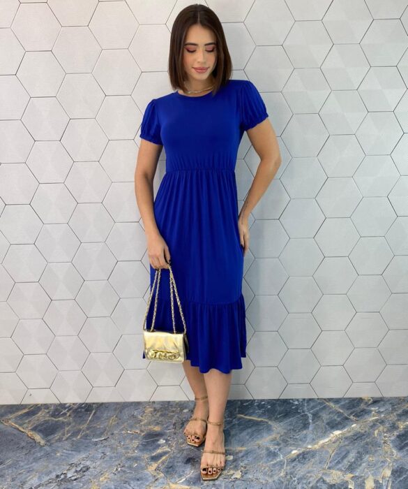 Vestido Midi Feminino de Malha Patrícia Azul - Fernanda Ramos Store