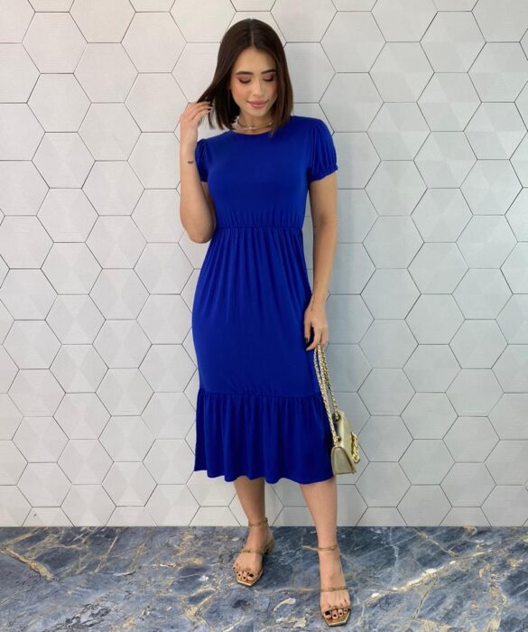 Vestido Midi Feminino de Malha Patrícia Azul - Fernanda Ramos Store