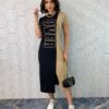 Vestido Midi Manga Curta com Bolsos Over Preto e Bege - Fernanda Ramos Store