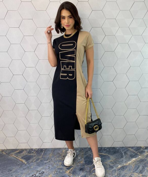 Vestido Midi Manga Curta com Bolsos Over Preto e Bege - Fernanda Ramos Store