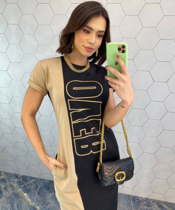 Vestido Midi Manga Curta com Bolsos Over Preto e Bege - Fernanda Ramos Store