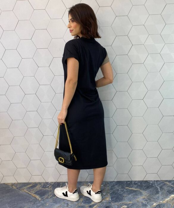 Vestido Midi Manga Curta com Bolsos Over Preto e Bege - Fernanda Ramos Store