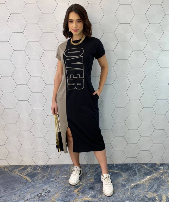 Vestido Midi Manga Curta com Bolsos Over Preto e Cinza - Fernanda Ramos Store